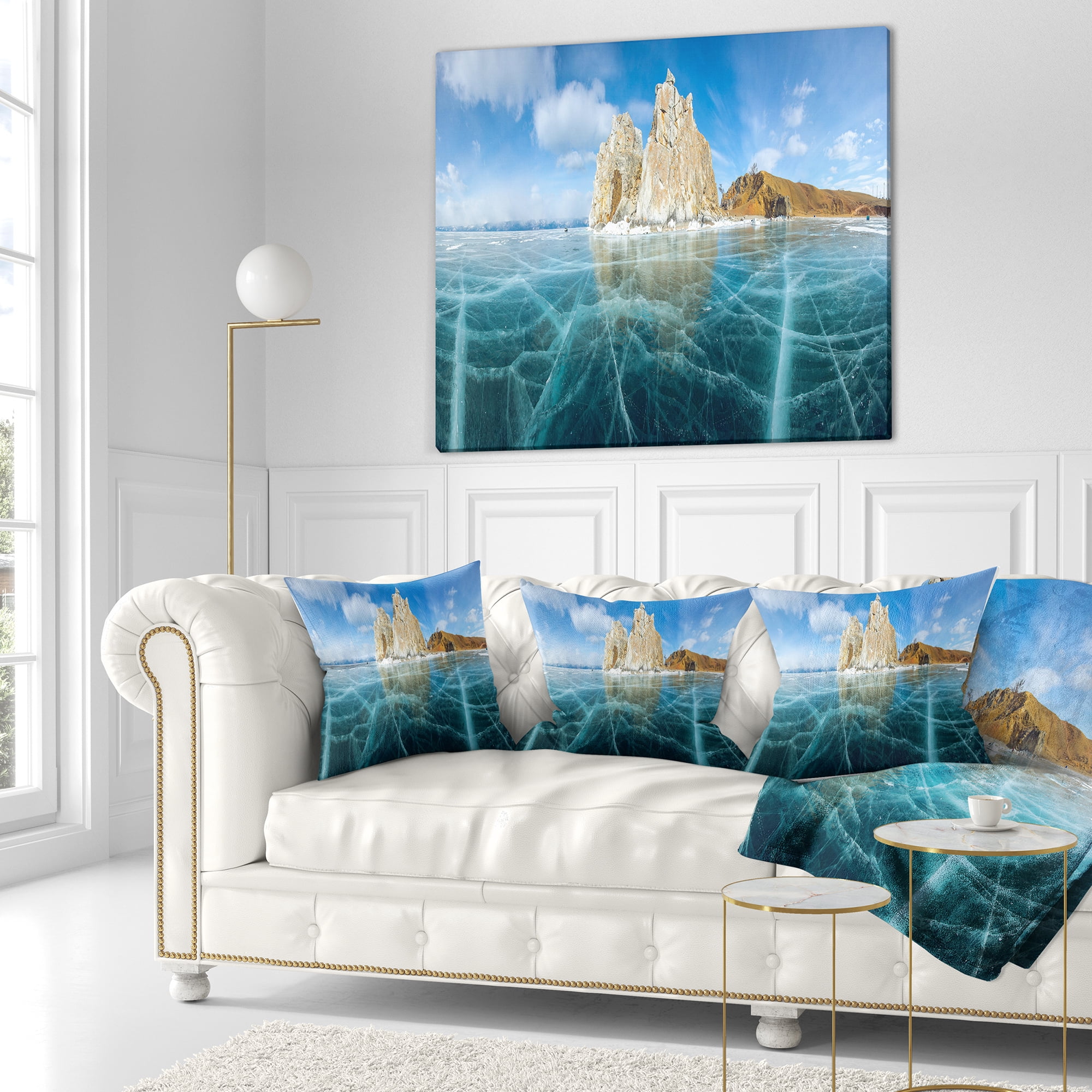 Designart Lake Baikal Ice and Rocks Panorama - Seascape Throw Pillow - 18x18