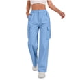 thumbnail image 2 of Casual Loose Fit Cargo Pants for Women High Waisted Straight Wide Leg Trousers with Functional Pockets for Daily Outdoor Outfits Sky Blue L, 2 of 5