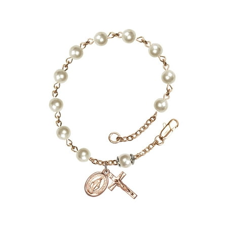 14 Karat Yellow Gold Rosary Bracelet 6mm Faux Pearl beads Crucifix sz 5/8 x 1/4.
