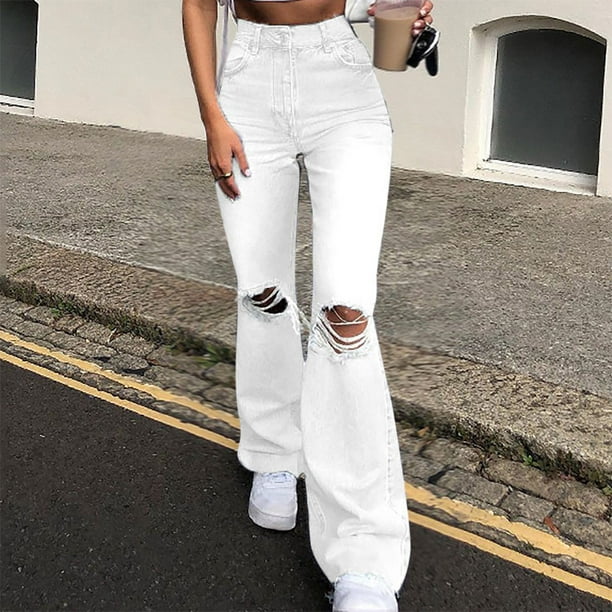 Pants Clearance Women'S Trendy Casual Loose Washed Denim Ripped Jeans  Casual Solid Stretch Slim Pants White L 