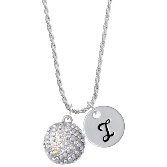 Delight Jewelry Silvertone Large Super Sparkle Crystal Clear AB Volleyball Silvertone Script Initial Disc - I - Charm Necklace, 20"+3"