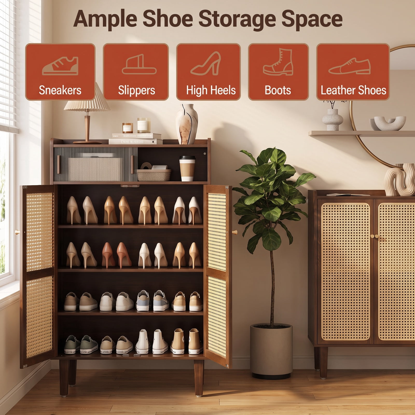 Furnibear 5 Tier Bamboo Shoe Storage Cabinet with Woven PE Rattan and See Through Sliding Doors for Entryway Hallway Closet, Walnut