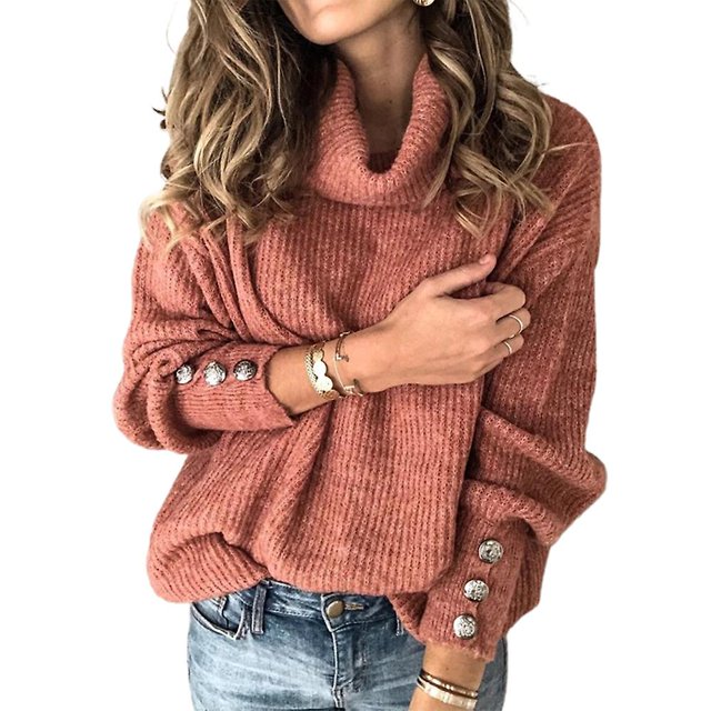 Pull à Manches Longues Côtelé Tricoté pour Femmes, Col Haut, Décontracté, Ample