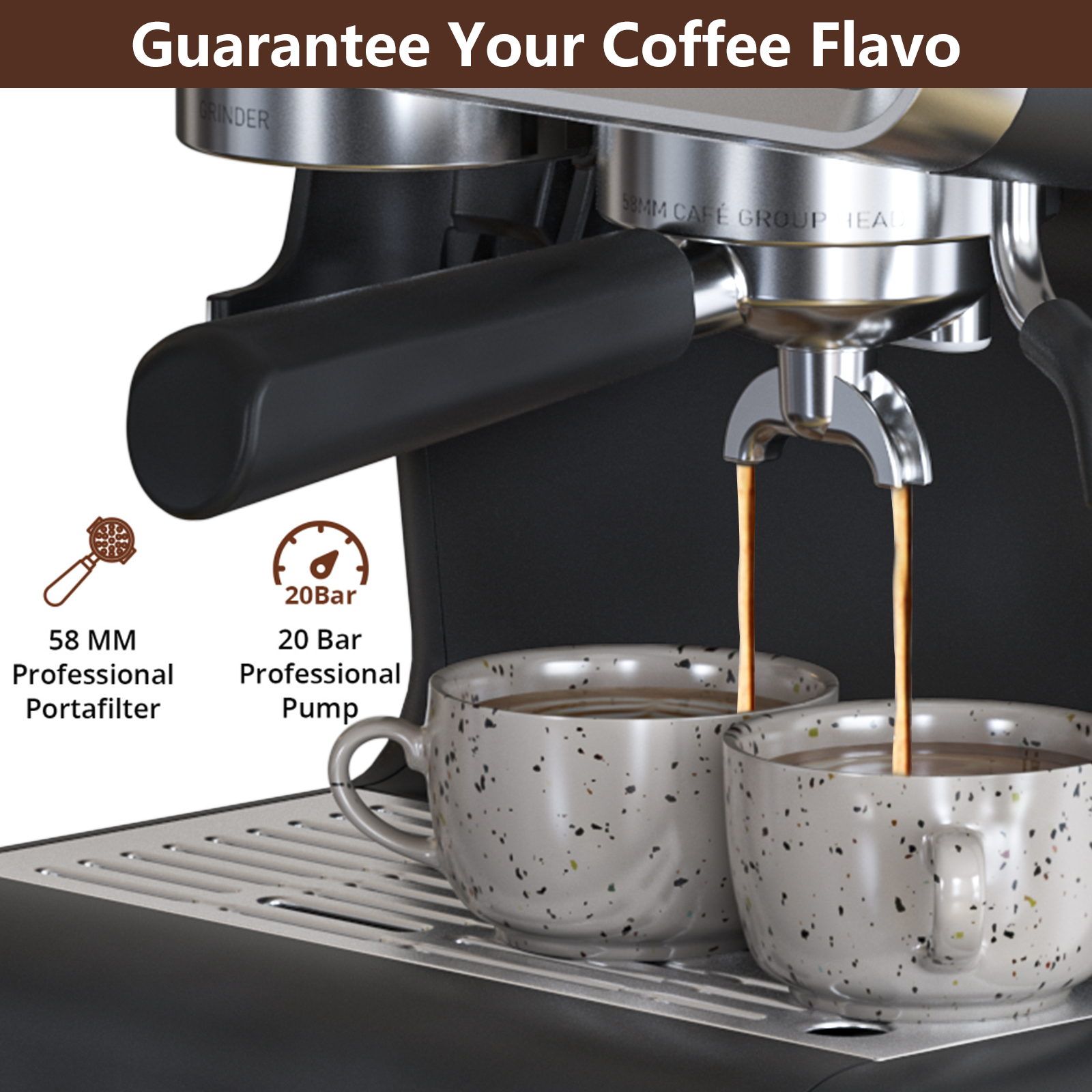 2-in-1 Espresso Machine & Grinder - 20 Bar with Steam Wand & Large Tank