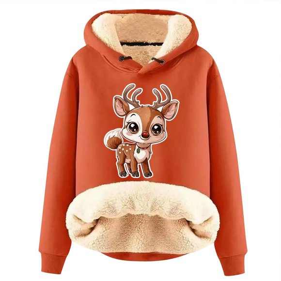 Fashionable Autumn And Winter Christmas Deer Print Velvet Thickened Warm Solid Color Color Cardigan Women's Hooded Sweatshirt Tunic Length Sweatshirt Front Pocket Button down Hoodie Woma Orange XXXXXL