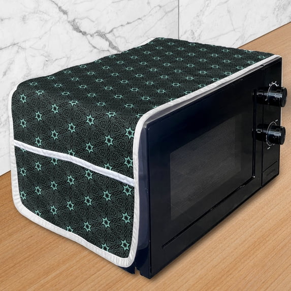 Stars Microwave Oven Cover, Hand Drawn Triangles and Hexagons Lines Composition Oriental Illustration, Water Resistant Organizer with Pockets for Kitchen, 36" x 12", Turquoise Black, by Ambesonne