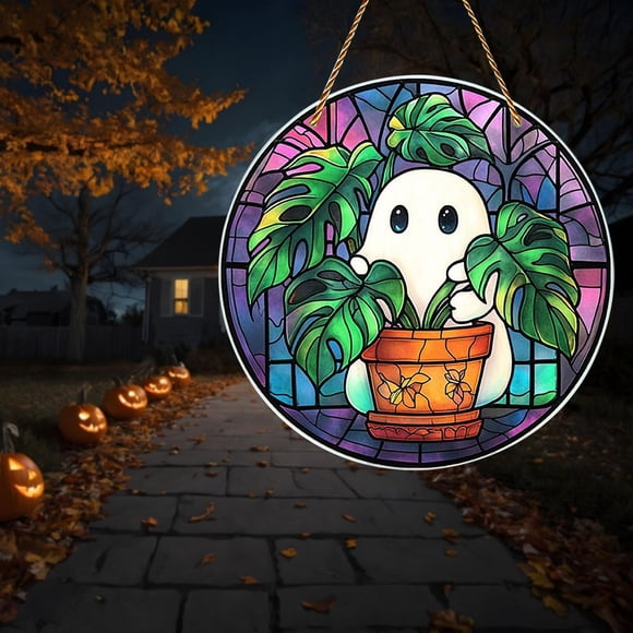 Herunwer Ghost With Monstera Plants Acrylic Window Hanging
