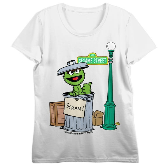 Sesame Street Oscar's Trash Can Women's White Crew Neck Short Sleeve T-shirt-XS