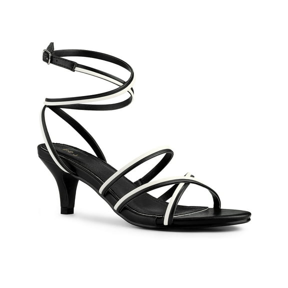 BLISSFUL STEP Open Toe Contrasting Color Kitten Heels Sandals for Women Black White (Size 7)