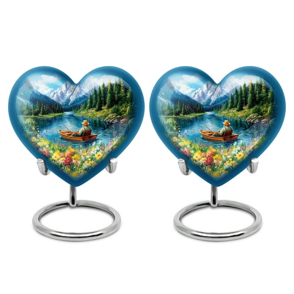 Yatskia Riverside Fishing Small Keepsake Urns for Human Ashes Adult Mom and Dad, Little Cremation Urn for Ashes Adult , (Heart 3 Inch, Pack of 2)
