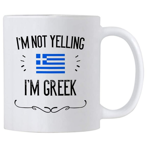 Funny Greek Souvenirs and Gifts. I'm Not Yelling I'm Greek11 oz Coffee Mug. Gift Idea for Mend Women From Greece Featuring the Country Flag. (White)