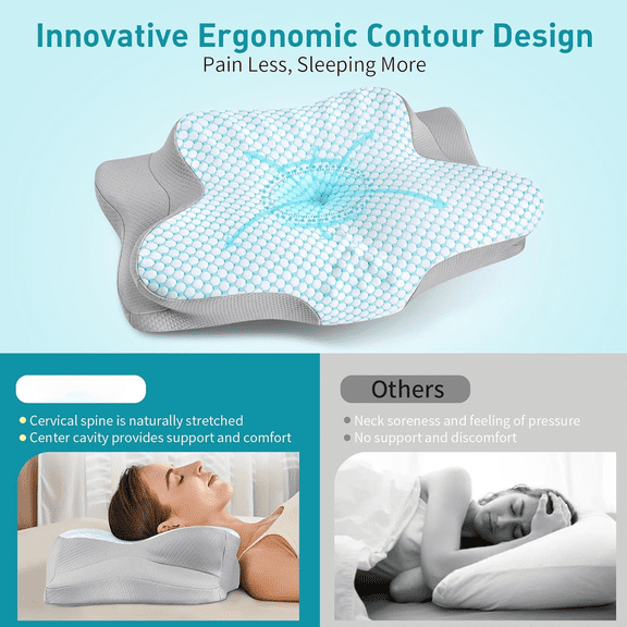 Cervical Pillow for Neck Pain Relief - Ergonomic Pillow for Sleeping Side Sleeper Pillow for Adults, Contour Neck Pillow Cooling Memory Foam Pillows, Orthopedic Bed Pillow for Back Stomach Sleepers