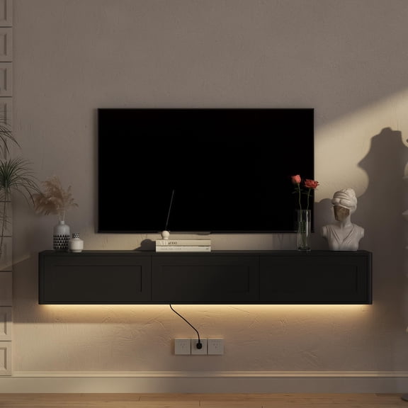 Black Floating Wall-Mounted TV Cabinet With LED Lighting, 3-Door Modern