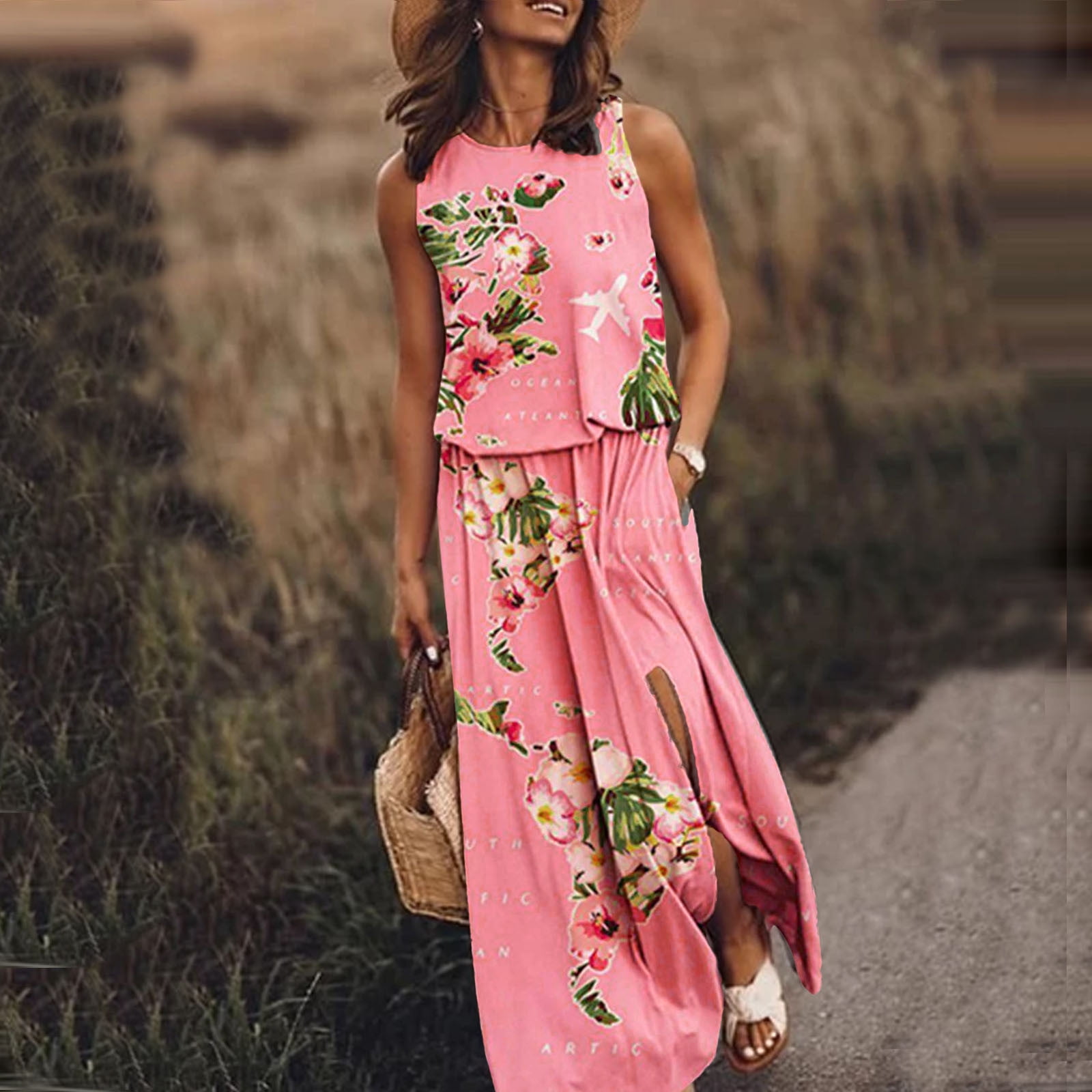 Womens Maxi Dresses Summer Spring O Neck Sleeveless Split Long Dress Casual  Boho Tank Dress Beach Sundress With Pockets Short Sleeve Petite Dresses for  Women Casual Long Sleeve Women Casual - Walmart.com