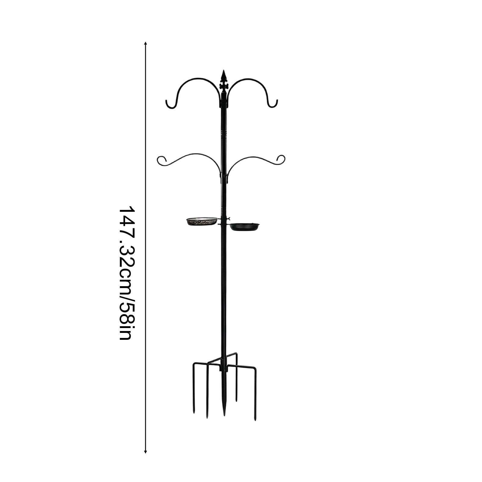 KUKIDSVO 58in Heavy Duty Bird Feeder Pole, 4-Hook Black Iron Garden Stake with Trays for Hanging Plants Lanterns Outdoor Yard Decor