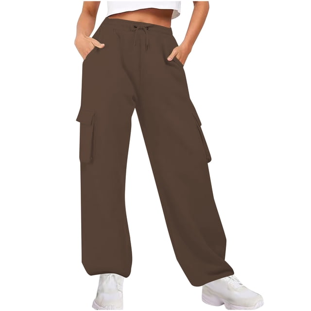 zbxnLI Cargo Sweatpants for Women High Waisted Drawstring Pants Baggy Wide Leg Joggers Multipockets