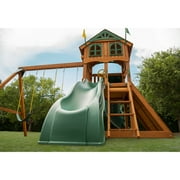 Gorilla Playsets Avalon Swing Set with Wood Roof, Trapeze Arm, Climbing Wall and Slide, Amber