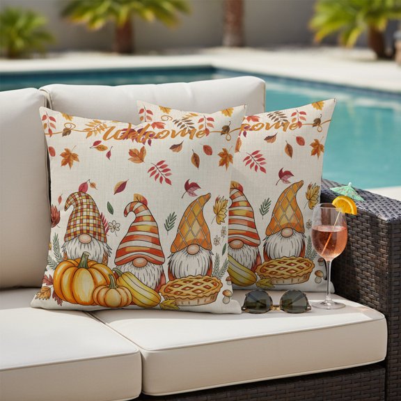 Thanksgiving Outdoor Pillow Covers 16x16 Inch Throw Pillow Covers Set of 2 Waterproof Decorative Pillow Cases Fall Gnomes Orange Pumpkin Maple Leaves Cushion Covers for Patio Furniture Garden Couch
