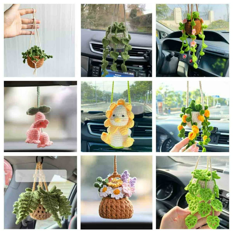 LICHENGTAI Cute Car Crochet Hanging Plant Knitted Plant Car Mirror Hanger  Car Interior Rear View Mirror Hanging Accessories Decoration Ornament Type  6 