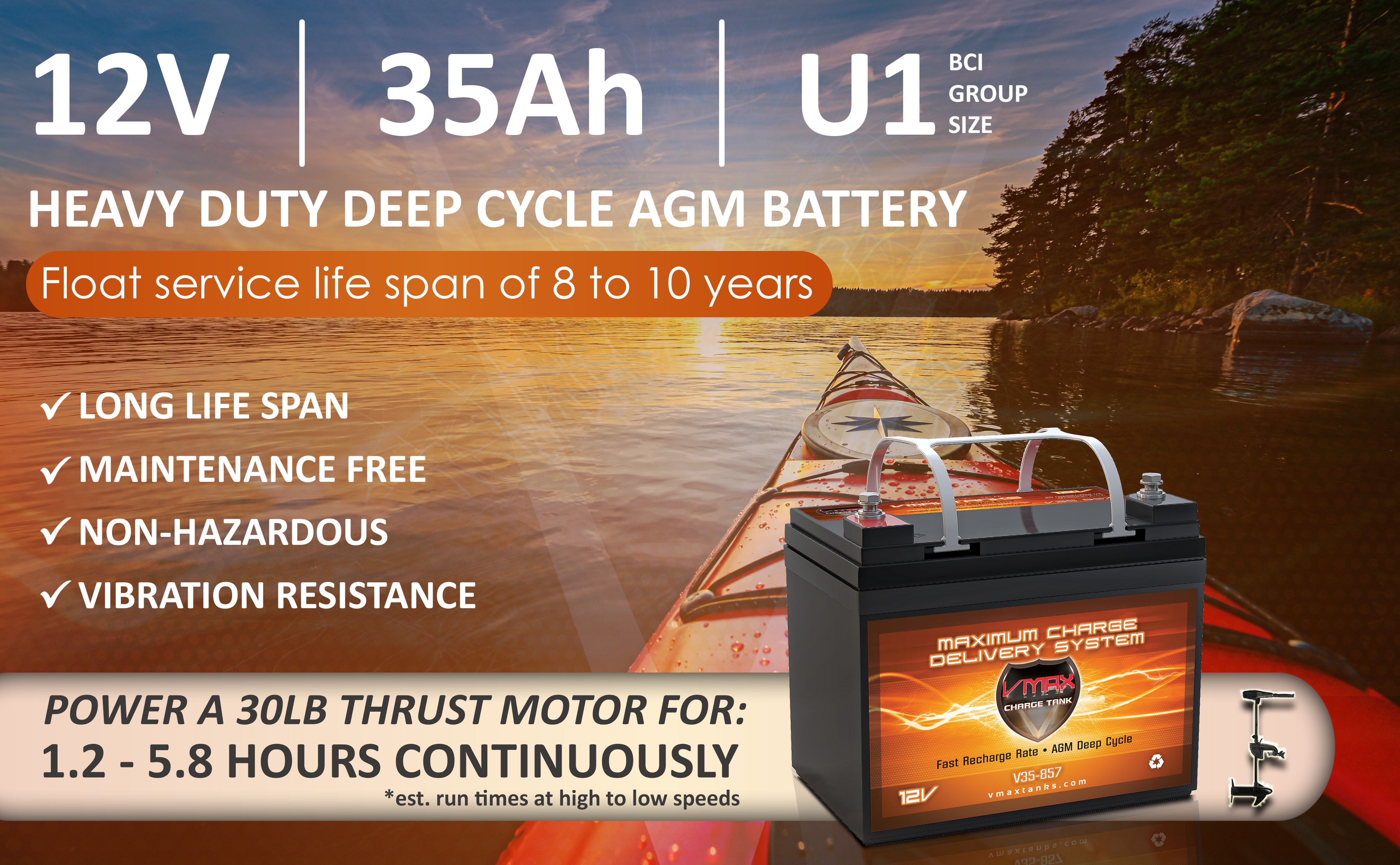 VMAX V35-857 12V 35AH AGM Deep Cycle U1 Battery (7.7"x 5"x 6.1") for Motorguide X3 Freshwater Foot Control Bow Mount 45lbs 12V Trolling Motor - image 3 of 8