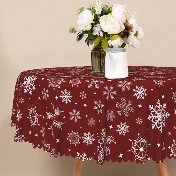 Winter Burgundy Snowflake Round Tablecloth,60 Inch,Water‑Repellent Table Cover for Christmas Dining Party Decor