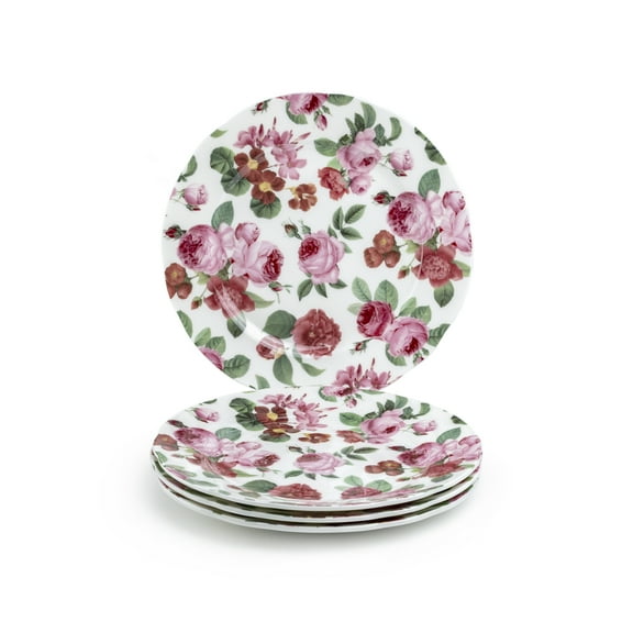 Grace Teaware 7.5" Pink Cabbage Roses Bone China Dessert Plates Set of 4