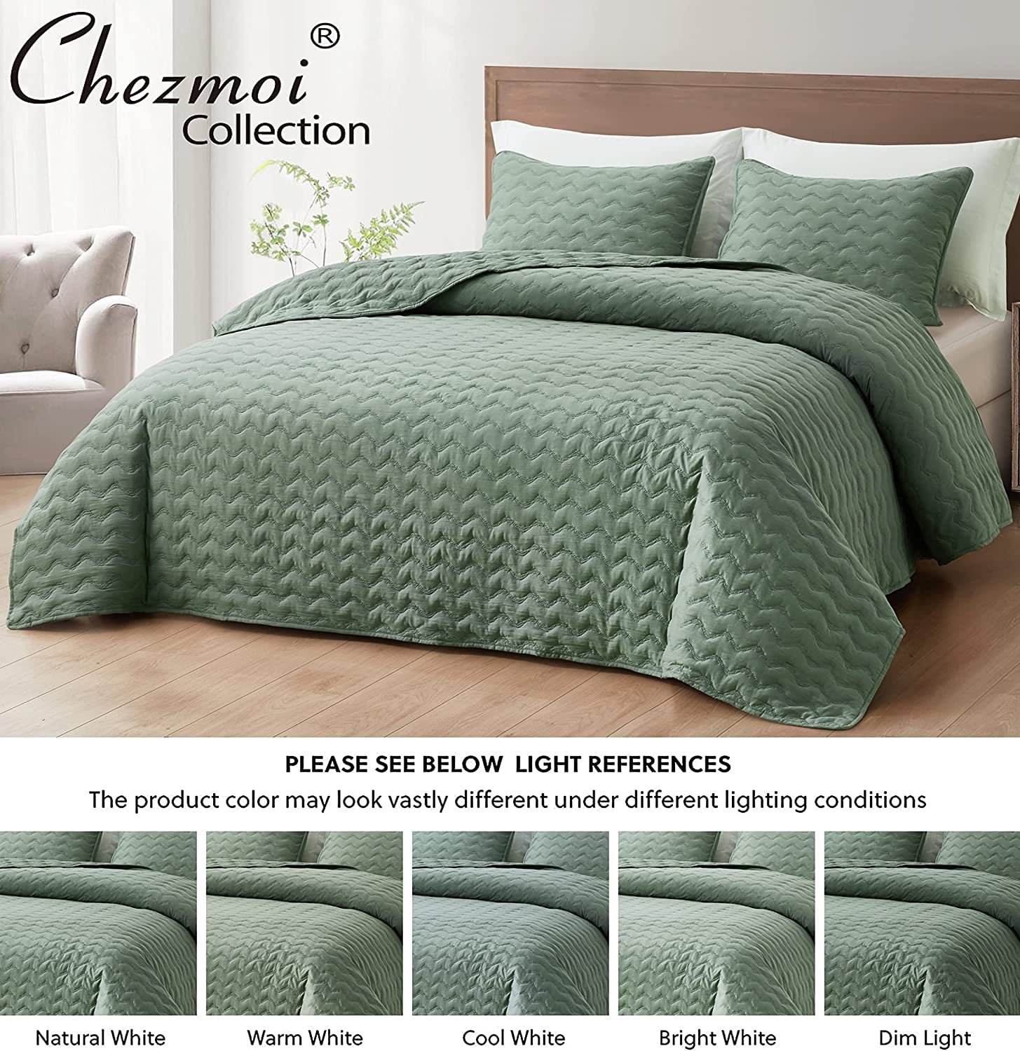 Chezmoi Collection Destiny 3-Piece Sage Queen Size Quilt Set - Stone-Washed Soft Microfiber Lightweight Quilted Bedspread Coverlet Set for All Seasons Wavy Line Stitching