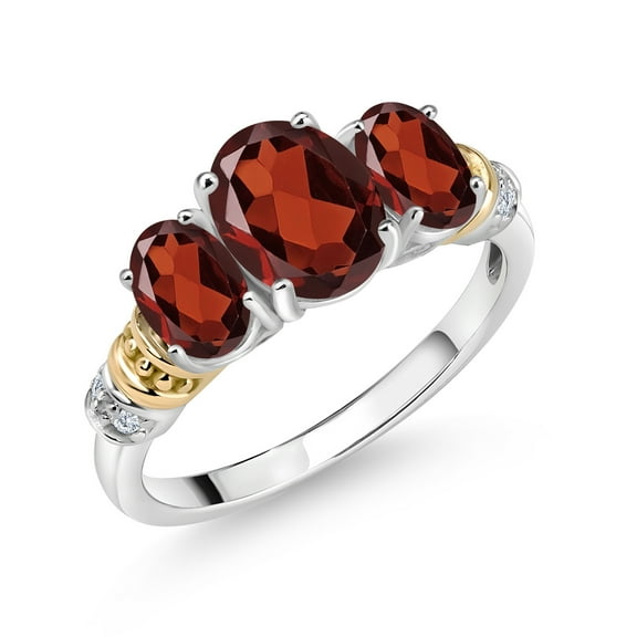 Gem Stone King 925 Sterling Silver and 10K Yellow Gold Oval Red Garnet and White Diamond 3 Stone Ring for Women (2.67 Cttw, Gemstone January Birthstone, Size 6)