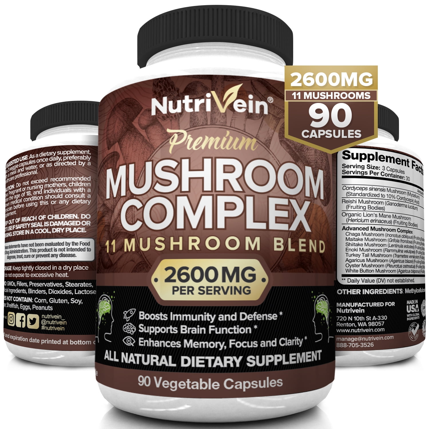 Nutrivein Mushroom Complex Supplement 2600mg 90 Capsules 11 Organic Mushrooms
