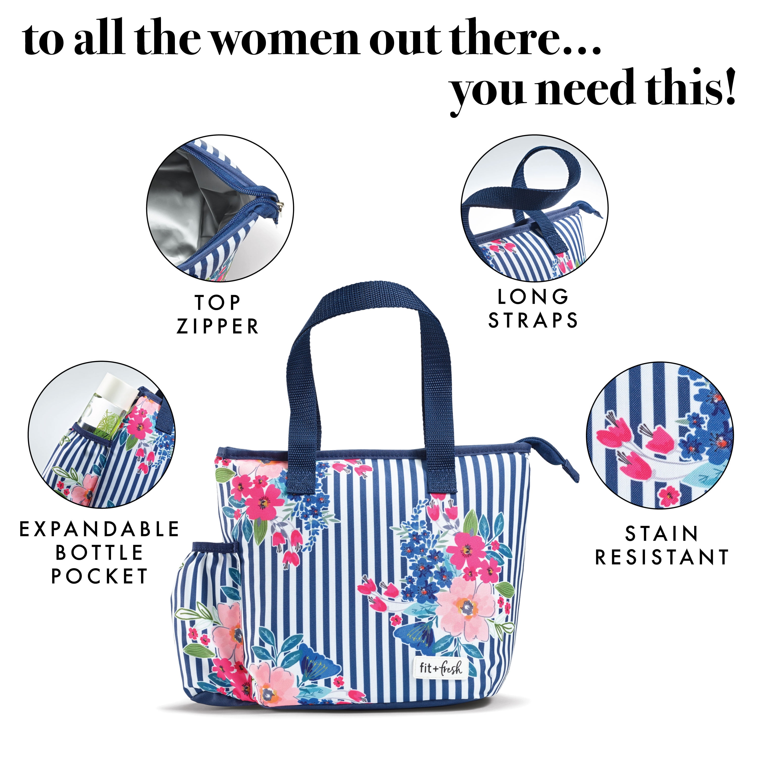 Fit & Fresh Cinch Tote, Lunch Bag for Women with Containers Included,  Womens Lunch Box for Work, Loncheras Para Mujer