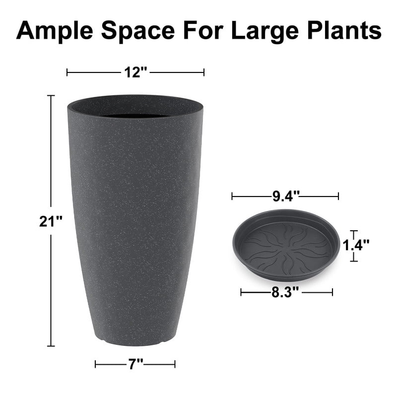 21 Inch Tall Outdoor Planter, Large Round Plant Pot for Patio, Front Door and Garden Decor, Black
