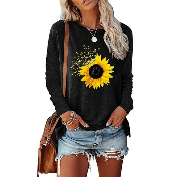 FASHIONWT Women Halloween Printed Stretch Tops Long Sleeve Round Neck Classic Loose Cotton T-Shirt
