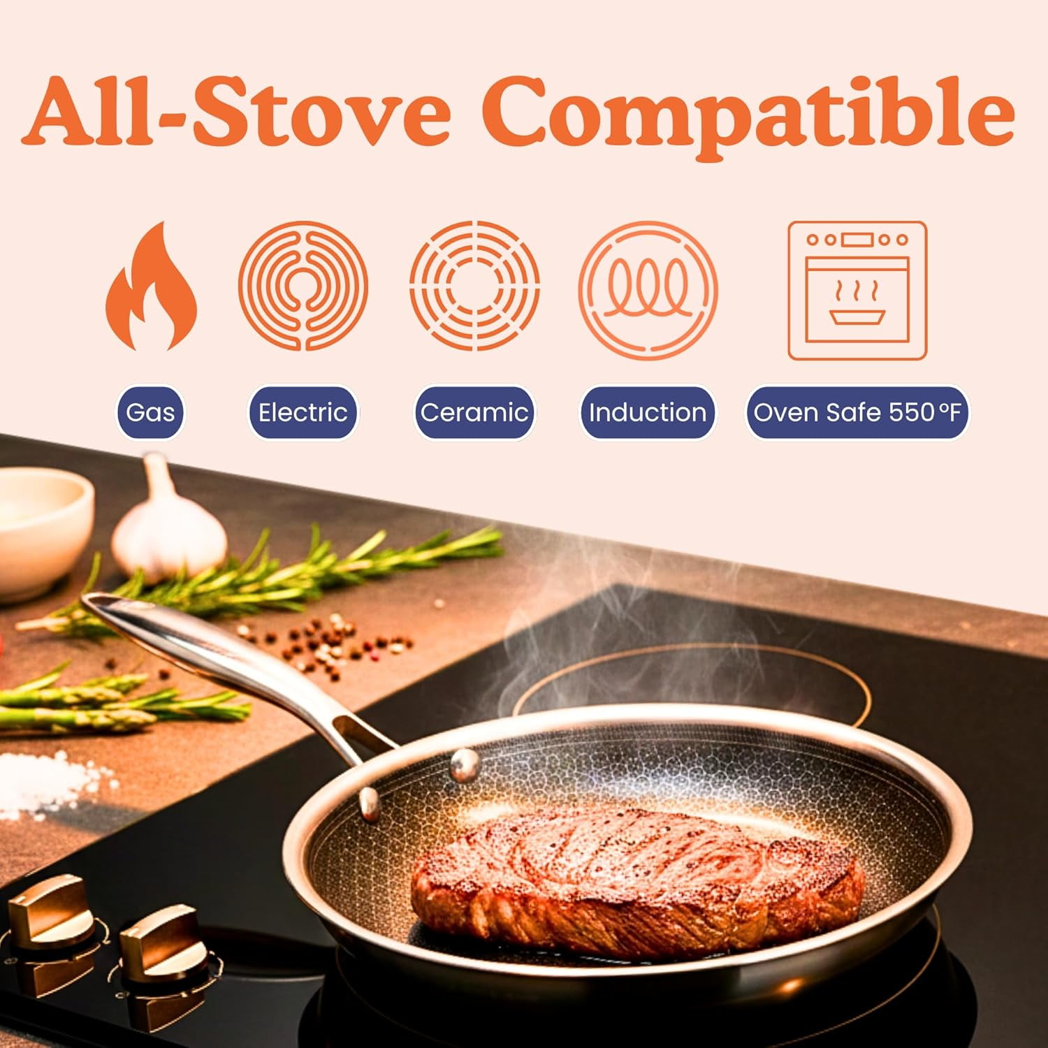 Non-Toxic Frying Pan, Non Stick 9.5" Fully Clad for Fast & Even Heat, PFOA-Free, Premium 304 SS Handle, Induction Compatible, Oven Safe