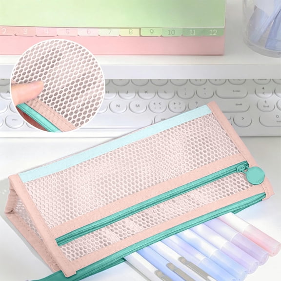 Flat Pastel Color Block Mesh Pencil Pouch, Slim Lightweight Clear See-Through Pencil Case for Office Desk Artist Travel Cosmetic Storage, 8.66 Inch