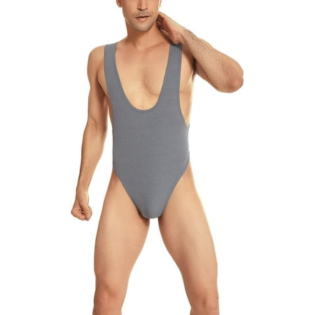 QIUYI Mens Sleeveless High Cut Thong Leotard Bodysuit One Piece Backless Deep U Neck Solid Singlet Undershirt Activewear