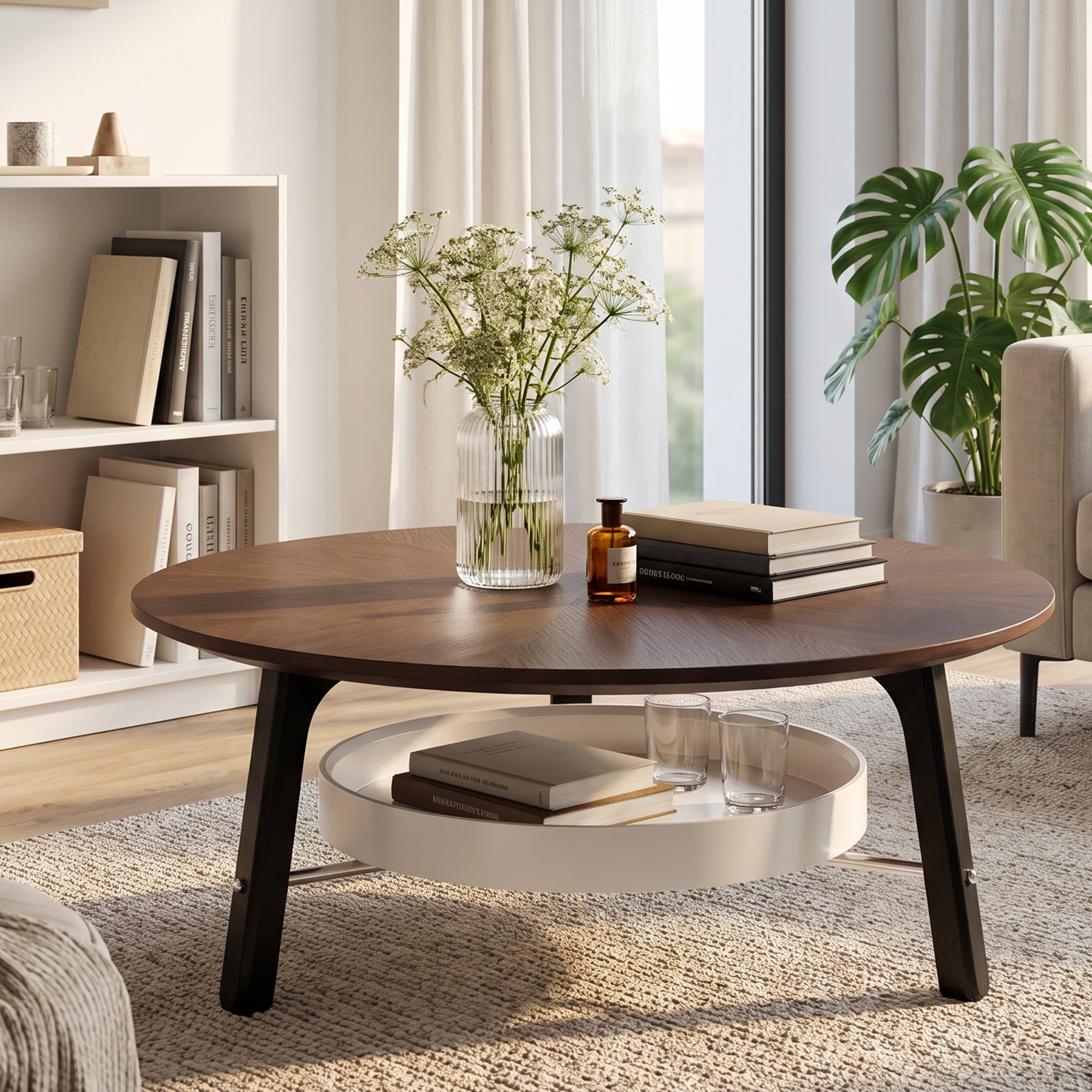 Coffee Table 35.43 Inch, Round Center Table with Storage Shelf and Black Wood Legs, Modern Accent Table for Living Room and Small Spaces, Walnut