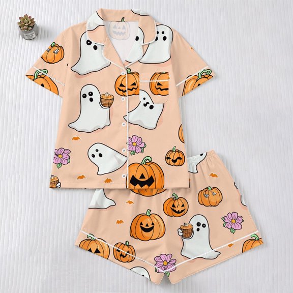 SAKMAL Womens Comfy Pajamas Halloween Ghost Pumpkin Print Ladies 2PC Short Sleeve Top with Matching Shorts Funny Sleepwear Set,M