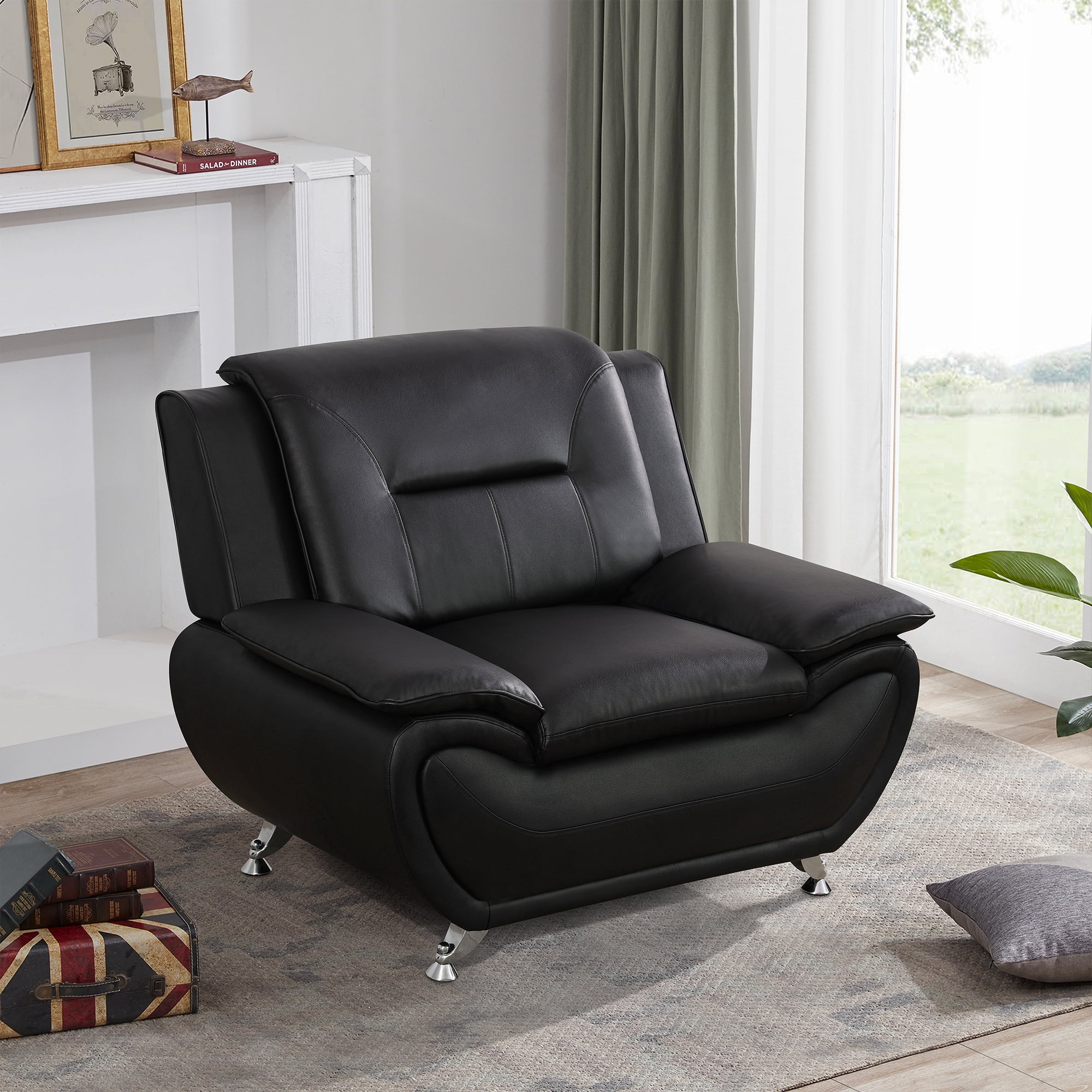 Gewnee Single Sofa, 46" Sofa Chair,Breathable Faux Leather Upholstery, Solid Wood Frame Living Room Lounge Accent Chair ，Black