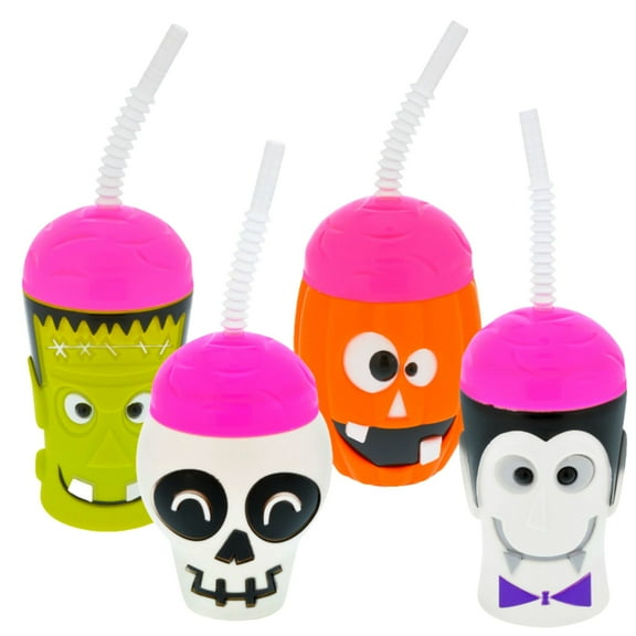 Spooky Character Halloween Plastic Tumbler Set - 16oz Cups with Straw (Set of 4) - Frankenstein, Vampire, Pumpkin, Skull Cold Drinks Smoothie Water Decorative Drinkware Party Favor