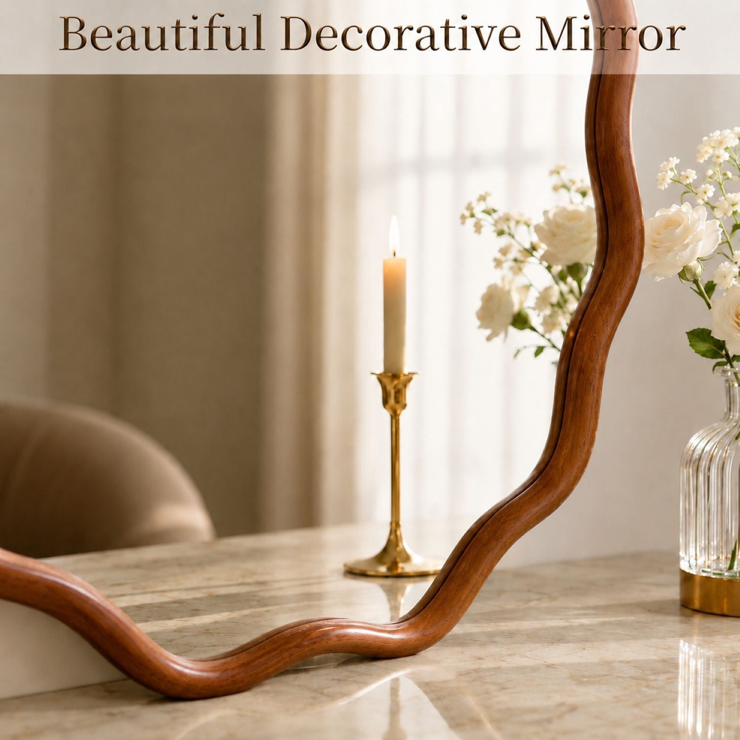 Easy4Home 30" x 30" Wavy Round Bathroom Mirror Wall Decor with Wooden Frame, Walnut