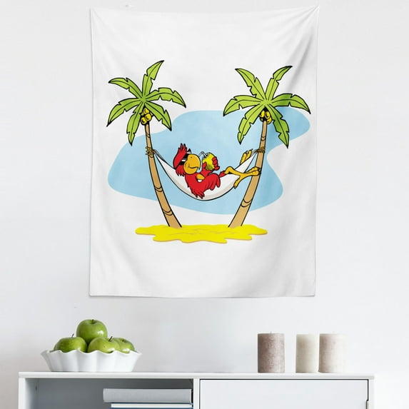 Beach Tapestry, Funny Illustration Parrot Lying down in Hammock Between Palm Tree Shade in Tropics, Fabric Wall Hanging Decor for Bedroom Living Room Dorm, 5 Sizes, Multicolor, by Ambesonne