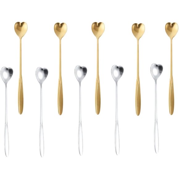FUNNTY Stirring Spoon, 10 PCS Stainless Steel Heart Shaped Spoon for Tea, Dessert, Cocktails, Sugar, and Ice Cream (Gold & Silver)