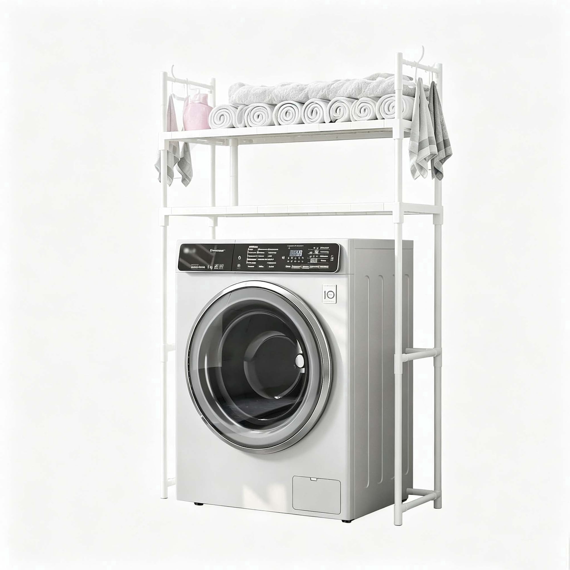 over washer storage shelf 2 tier adjustable white metal laundry rack with side hooks for front load washing machine