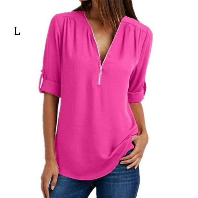 facefd Chemise à Manches Courtes Col en V pour Femmes avec Fermeture Éclair rose Rouge G