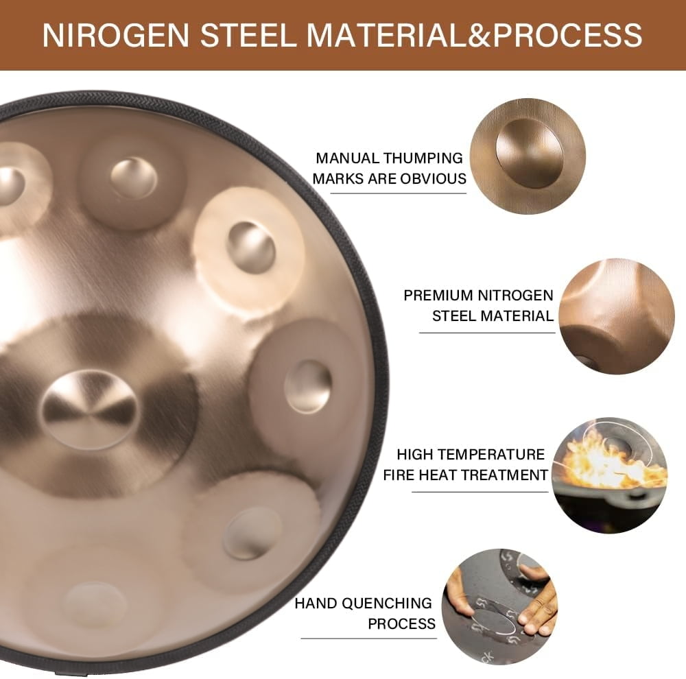 440Hz Drum in D Minor 10 Notes Handpan 22 Inche Steel drum percussion instrument with soft bag(Gold 10notes)