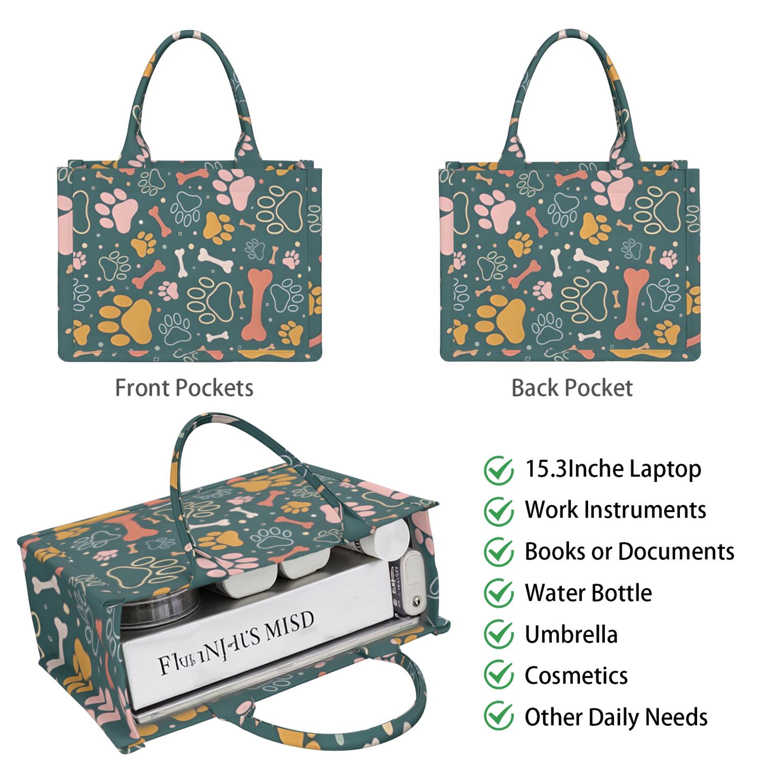 Large Capacity Tote Bag,Paw Prints and Bones Handbag Fashion Luxury Tote Bag,15.7"x13"x 5.1" Inches,Laptop Compatible
