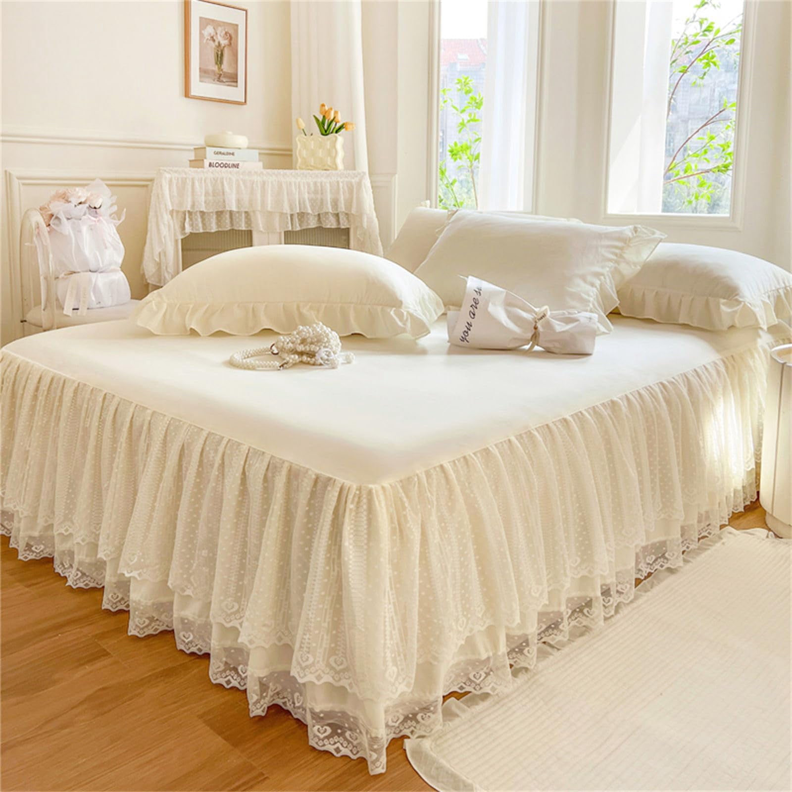 Double Layers Lace Ruffle Skirt Bedspread Sheet - French Style Brushed Microfiber Bed Sheet with Frilled Hem