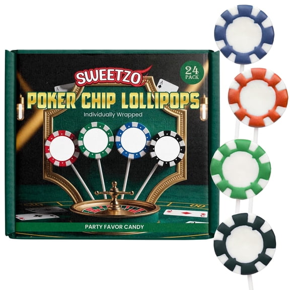 Poker Chip Lollipops, Casino Themed Party Favors, Assorted Fruit Flavored Suckers, Pack of 24, 10.16 Ounces