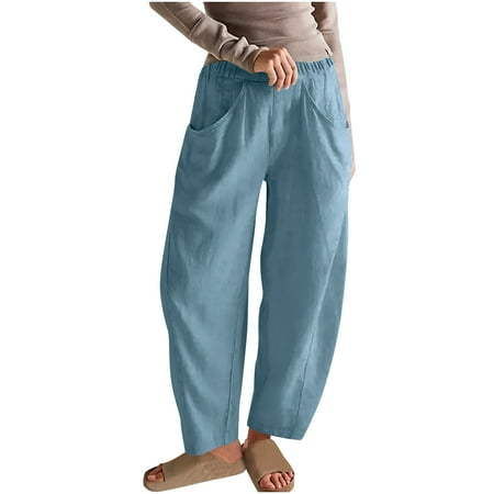hoksml Women Cotton Linen Pants Solid Color Elastic Waist Lace-Up With All Straight Leg Loose Casual Beach Vacation Clothes 2025 Summer Clearance
