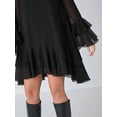 thumbnail image 6 of Black Solid Layered High Neck Flowy Long Sleeve Mini Dress With Ruffle Sleeves, 6 of 8